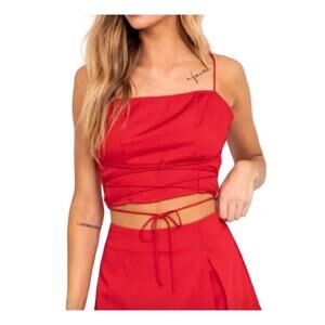 Le Lis S Red Silky Satin Smocked Thin Strap Criss Cross Camisole Crop Top